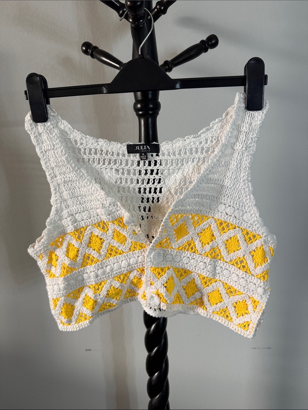 JULIA White Crochet Crop Top with Yellow Diamond Accents 2.L4